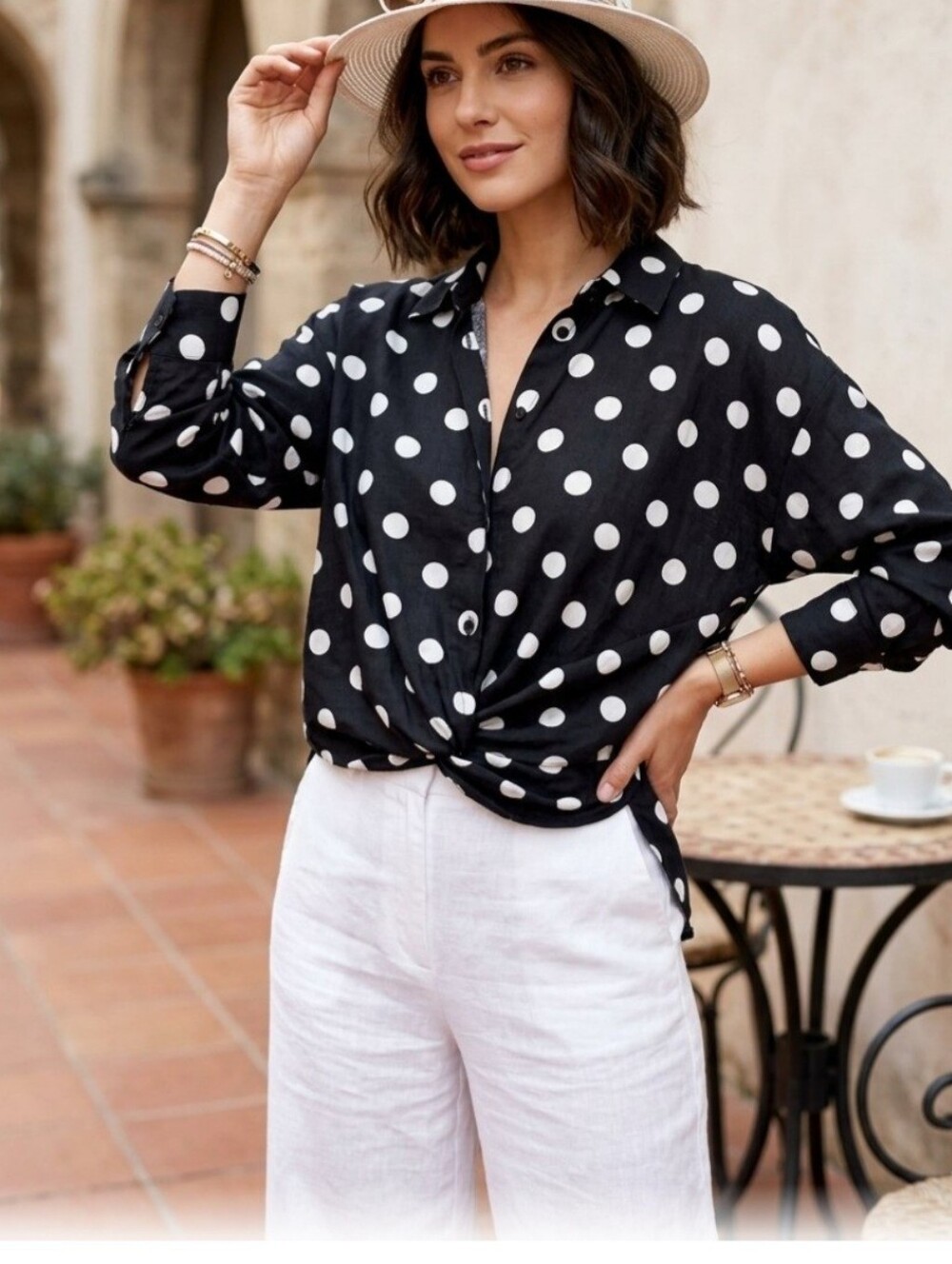 Zara Black and White Polka Dot Cropped Button-Up Blouse